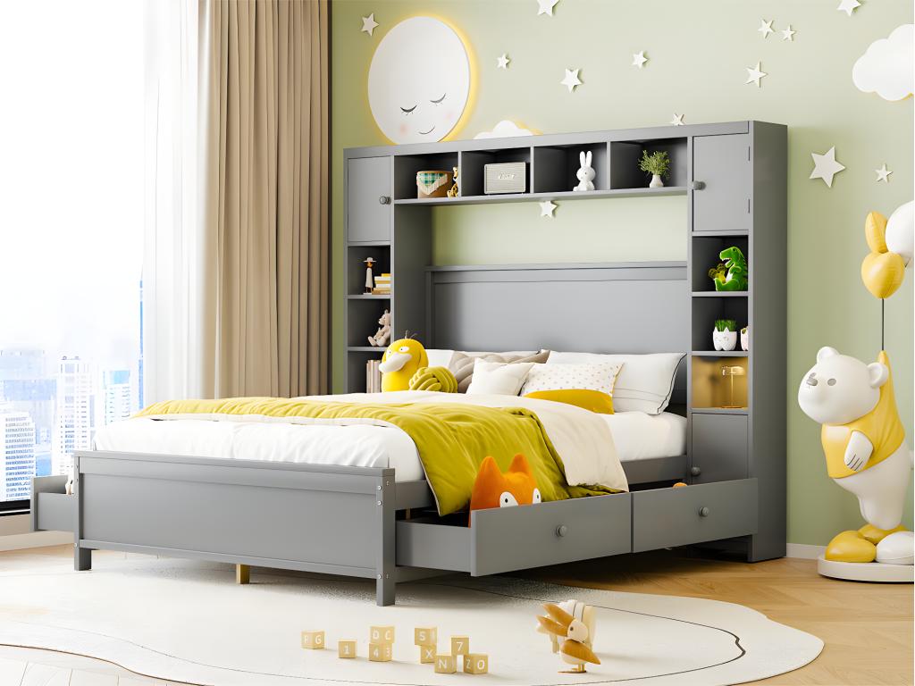 Double bed 140x200cm - with 4 drawers and large storage headboard - in solid wood - Grey BITH50426