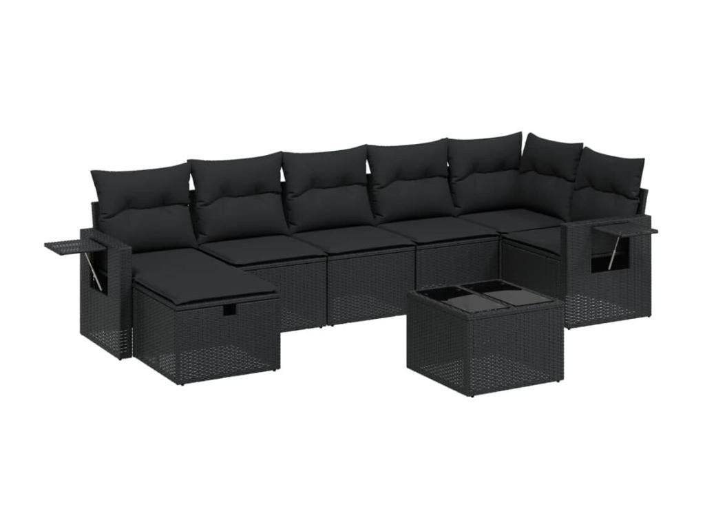 8-piece garden furniture set with cushions, black woven resin UIIB72541