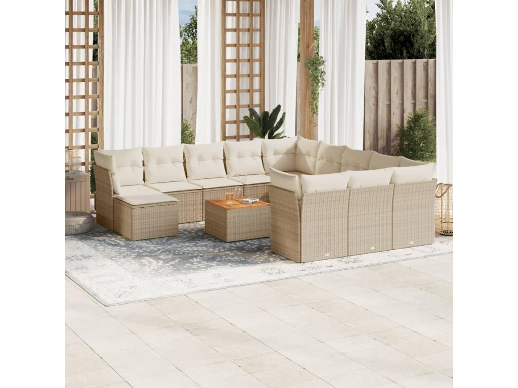 13-piece beige woven resin garden furniture set with cushions PREI67511