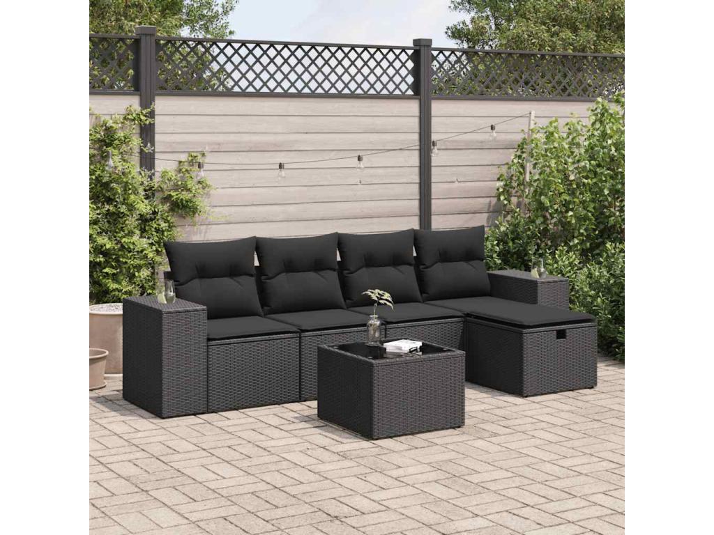 6-piece garden furniture set with cushions, black woven resin MYQM24294