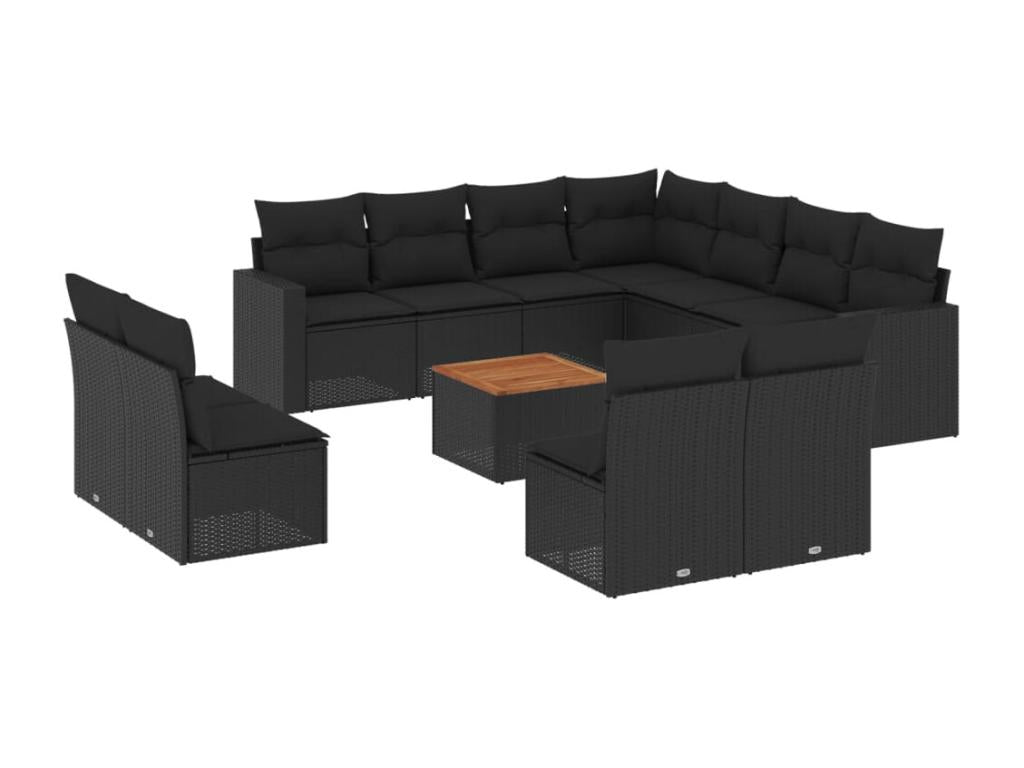 12-piece garden furniture set with cushions, black woven resin FYBY50336