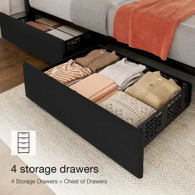 Linen Upholstered Bed Frame with 4 Storage Drawers