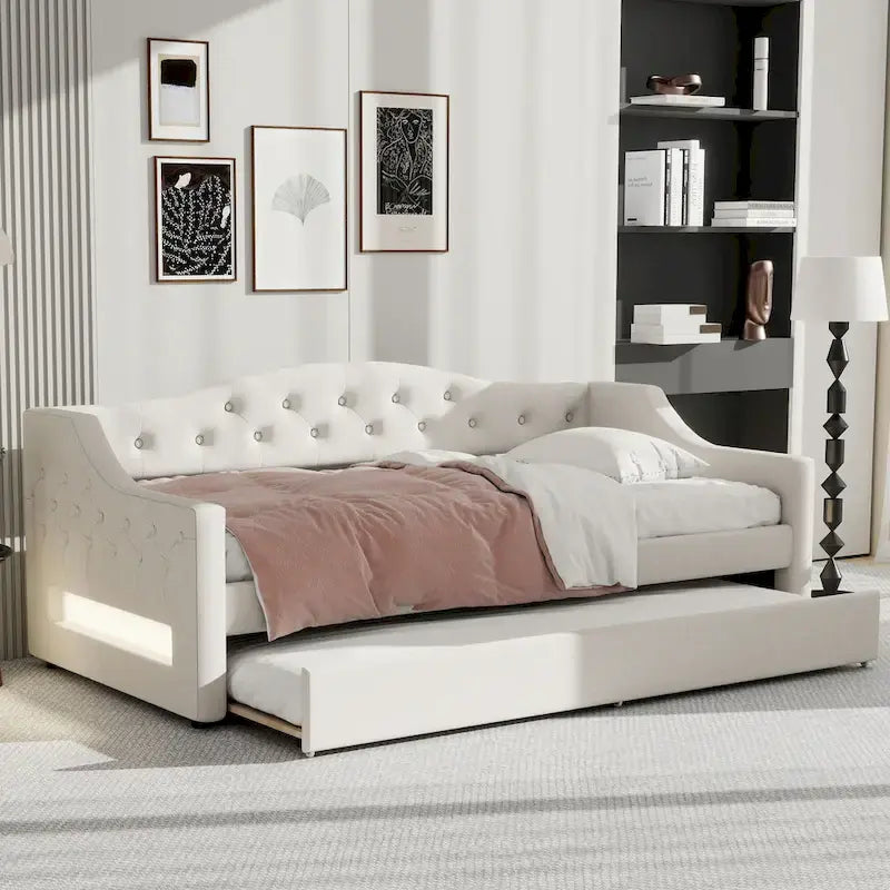 Upholstered Twin XL Size Daybed with LED Belt and Trundle, 84L x 41.5W x 27H