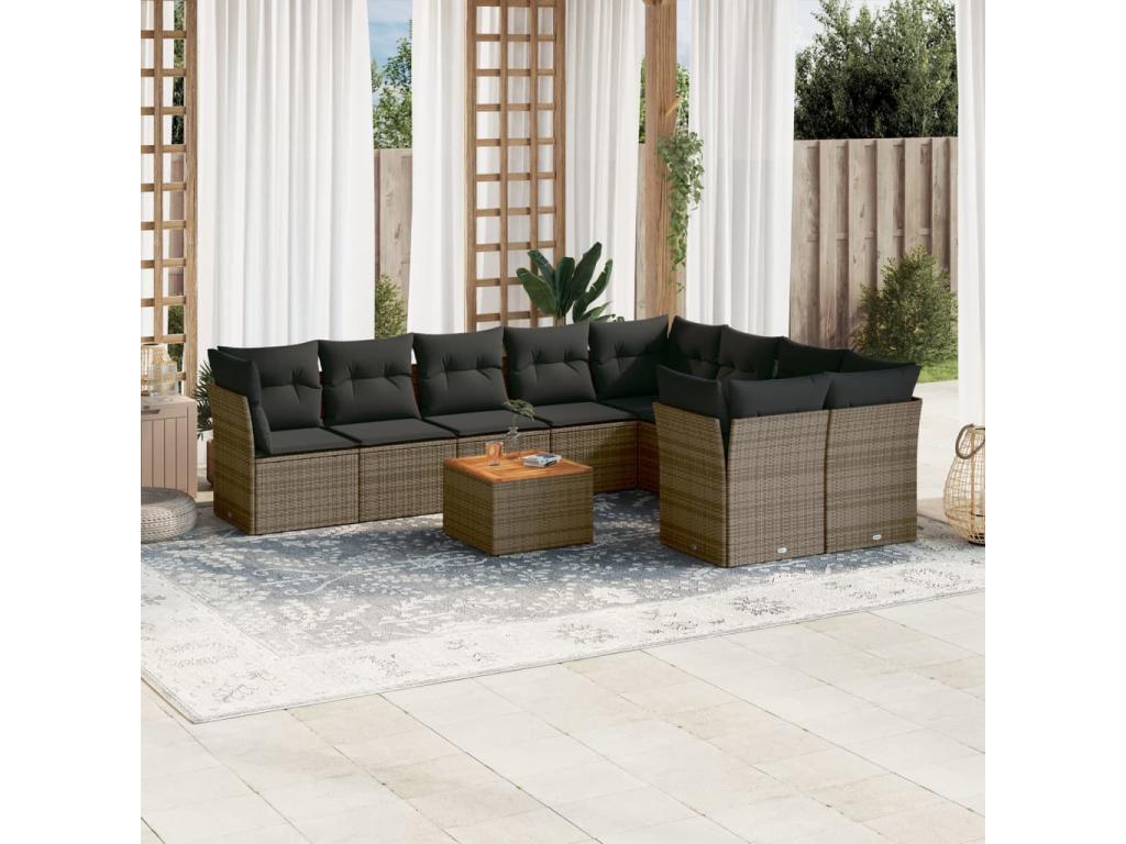 10-piece garden furniture set with cushions, grey woven resin KFFS59566