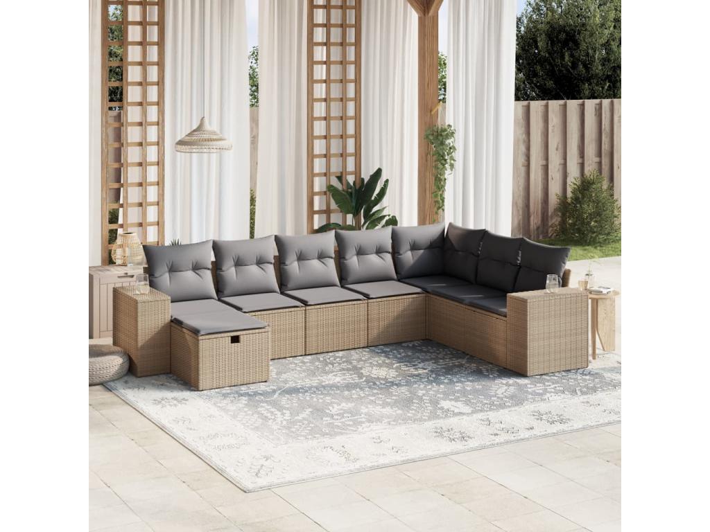 Lumenao 8-piece garden furniture set with cushions, beige woven resin GLML78157