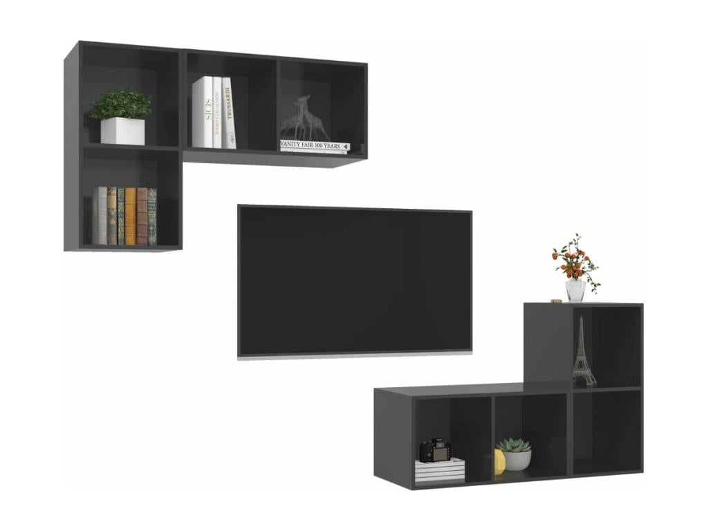 4-piece wall-mounted TV unit, glossy grey engineered wood, MYBG41123