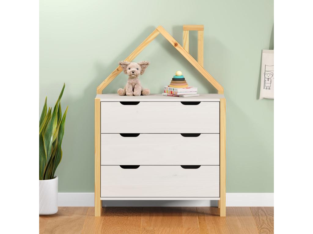 Ventoriq children's chest of drawers with 3 drawers in solid pine, house-shaped storage unit for bedroom in white/natural stained wood NCXS87281