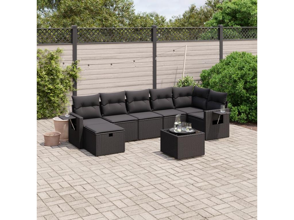8-piece garden furniture set with cushions, black woven resin UIIB72541