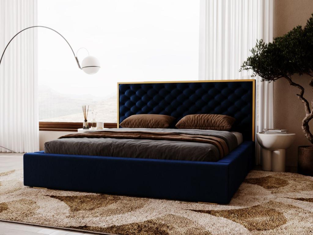 Upholstered bed with storage - 160x200 - double bed - velvet - blue - Lumenao SCIZ27175