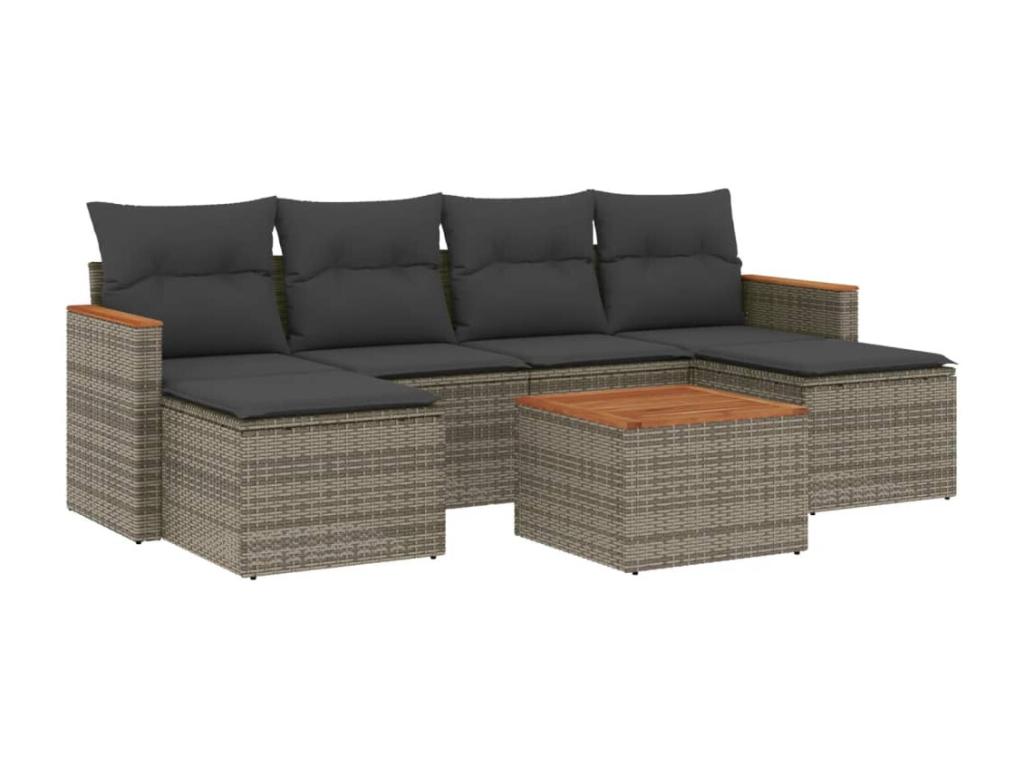 Garden furniture set with cushions, 7 pieces, grey woven resin, PNUO08995