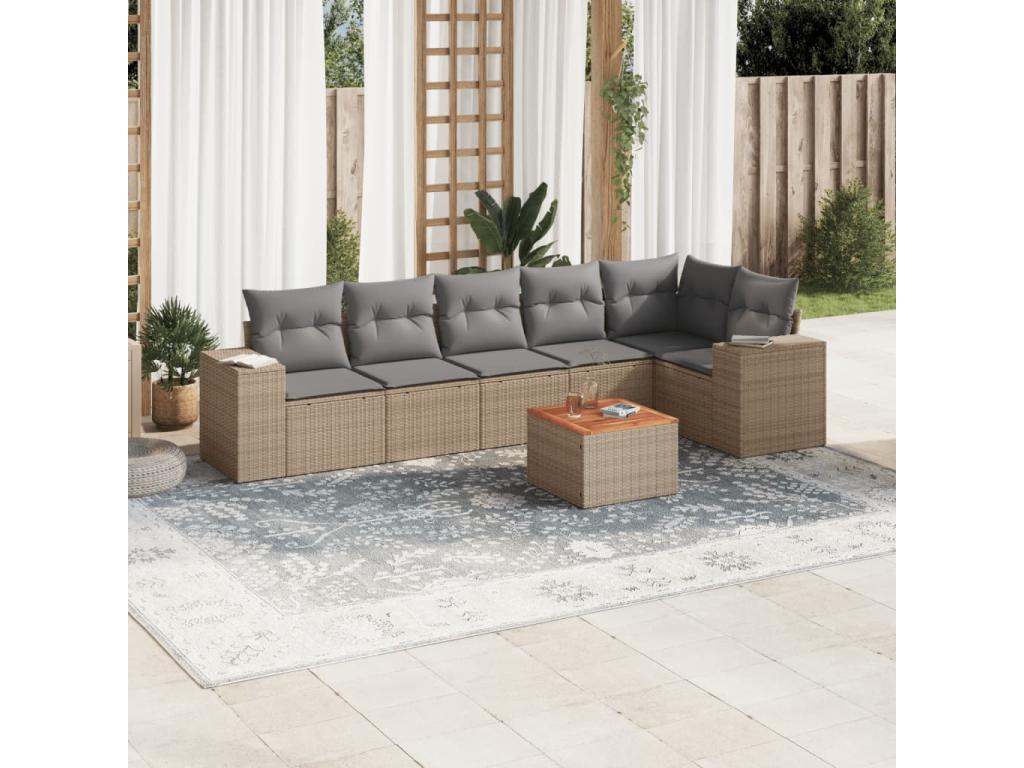 7-piece garden furniture set with cushions, beige woven resin BJND88133