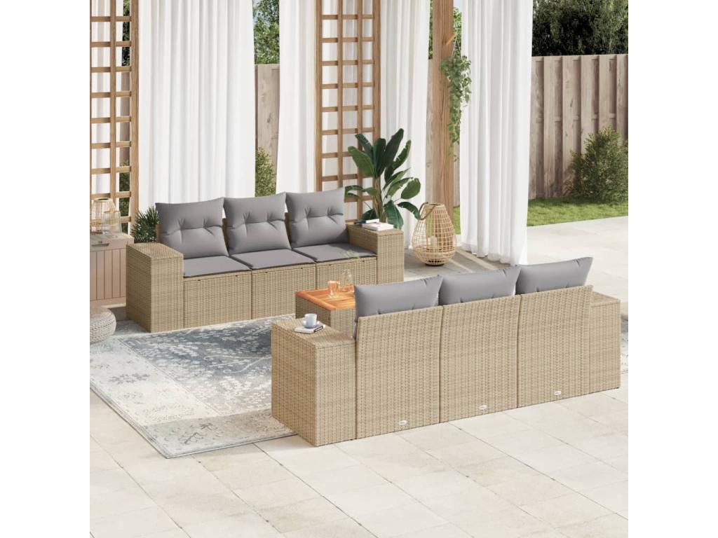 7-piece garden furniture set with cushions, beige woven resin ZVTD60853