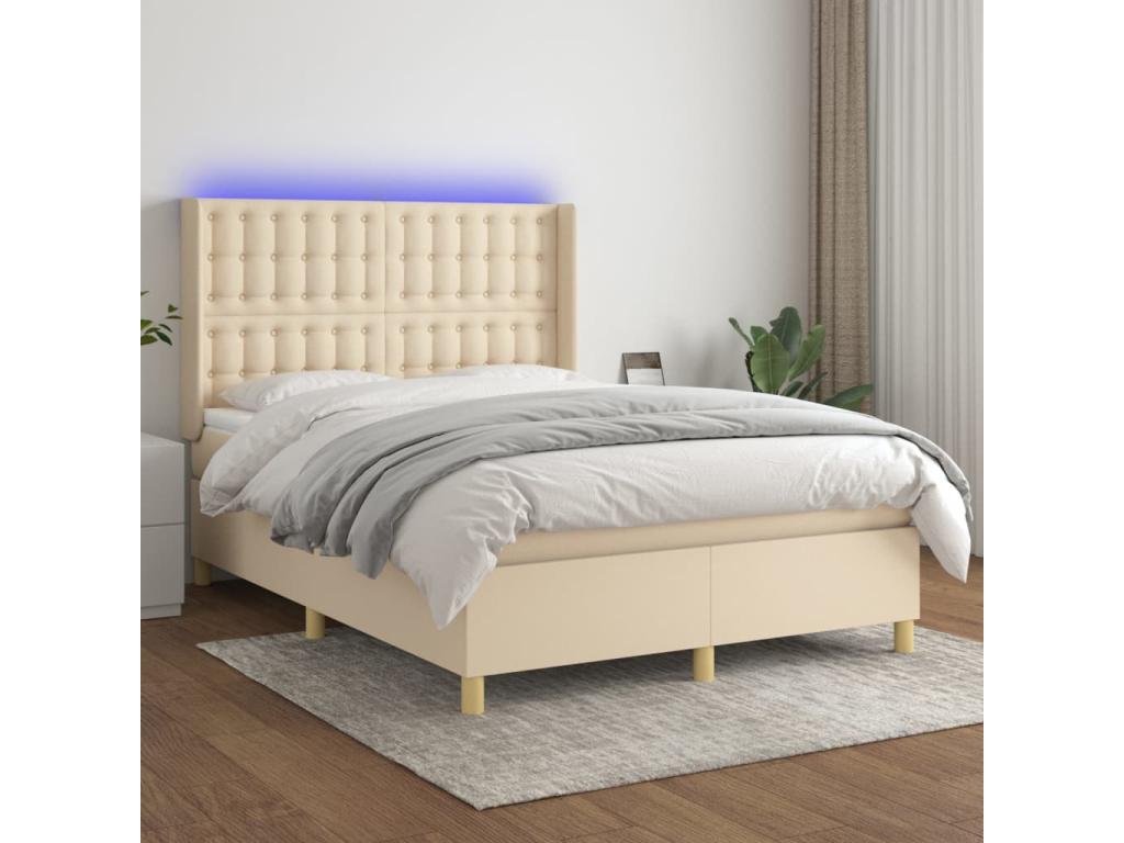 Upholstered bed base with mattress and LED lighting, Cream, 140x190 cm, Fabric, 2 FMVZ66176