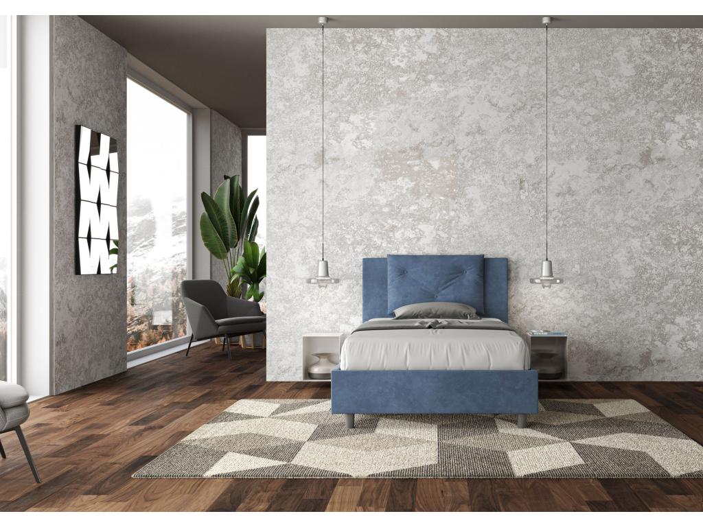 Lumenao OACI58135 Single Bed (1.5 person) without slatted base, upholstered in blue microfiber.