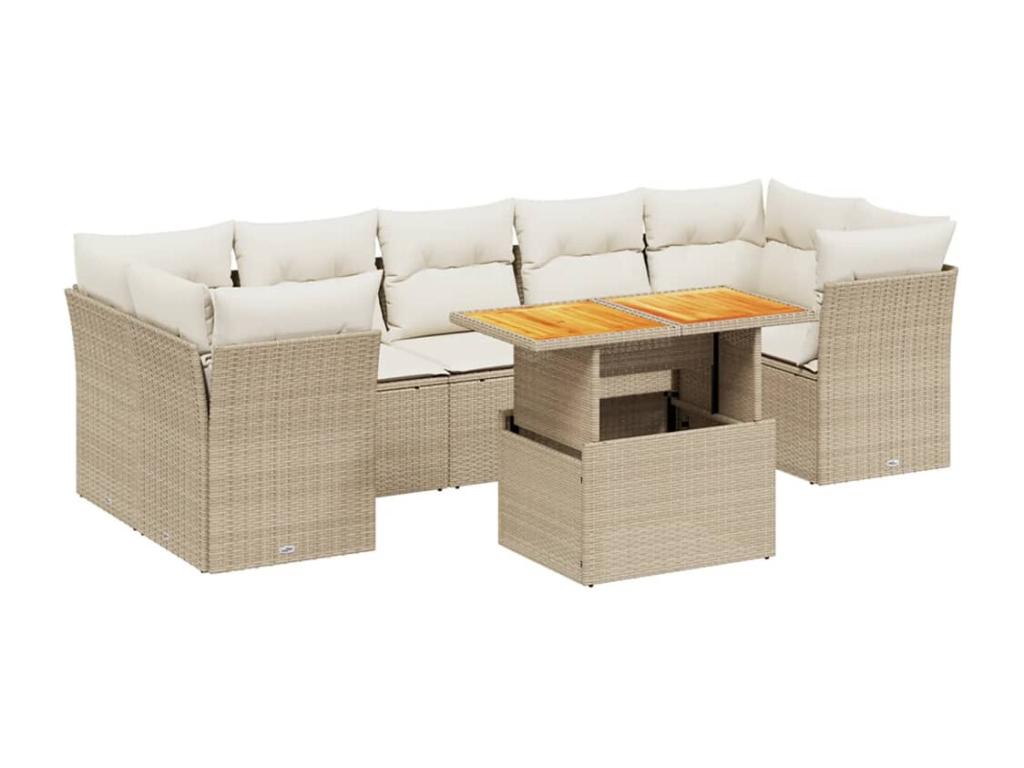8-piece garden furniture set with cushions, beige woven resin NIHQ09594