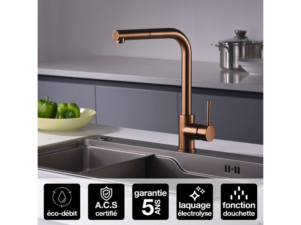 Ventoriq Kitchen Mixer Tap with Pull-Out Spray, Brushed Rose Gold PVD Finish, Brass Body, 35mm Ceramic Cartridge. UMBR04905
