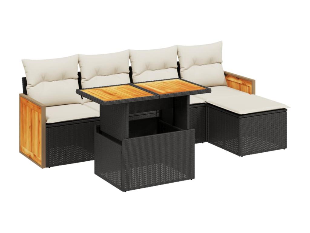 6-piece garden furniture set with cushions, black woven resin ZJWX87289