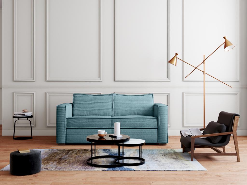 3-seater express convertible sofa in turquoise blue corduroy - Lumenao bed, 140 cm wide - 14 cm Lumenao mattress NLRQ51459