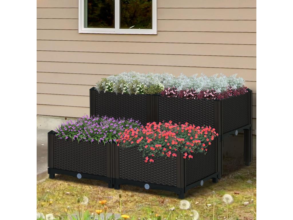 Square raised garden bed with 2 tiers, dimensions: 80L x 80W x 44H cm, plastic irrigation insert, imitation woven rattan, chocolate color, RDYW34420
