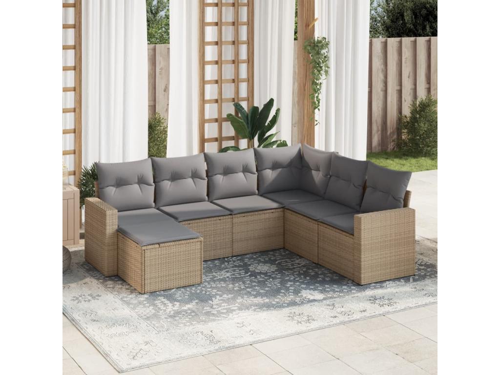 7-piece garden furniture set with cushions, beige woven resin BUIJ93806