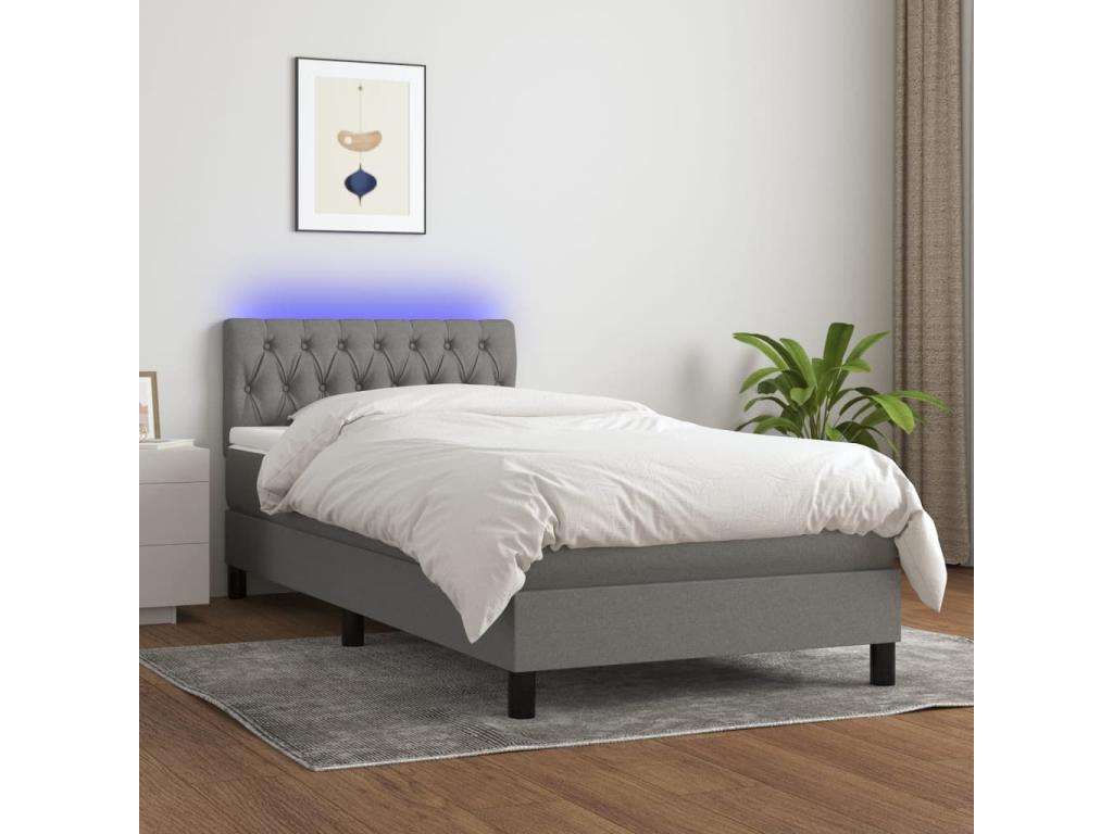 Upholstered bed base with mattress and LED lighting, dark grey, 90x190cm, fabric EQPY42003