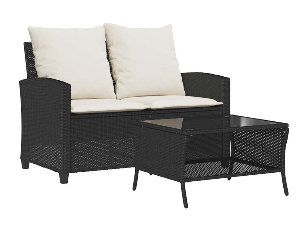 2-seater garden sofa with cushions and black woven resin table DTZQ17088