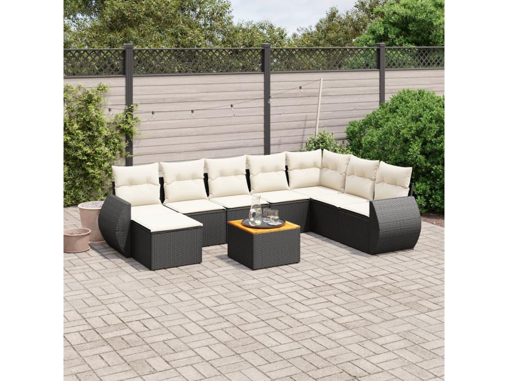 9-piece garden furniture set with cushions, black resin wicker GPVB55608