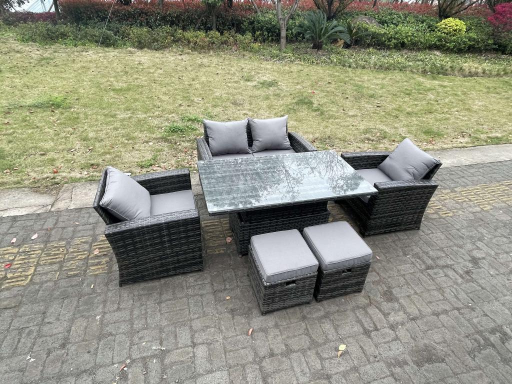 Rattan garden furniture set with height-adjustable dining table, armchair, and stool GTBH62313