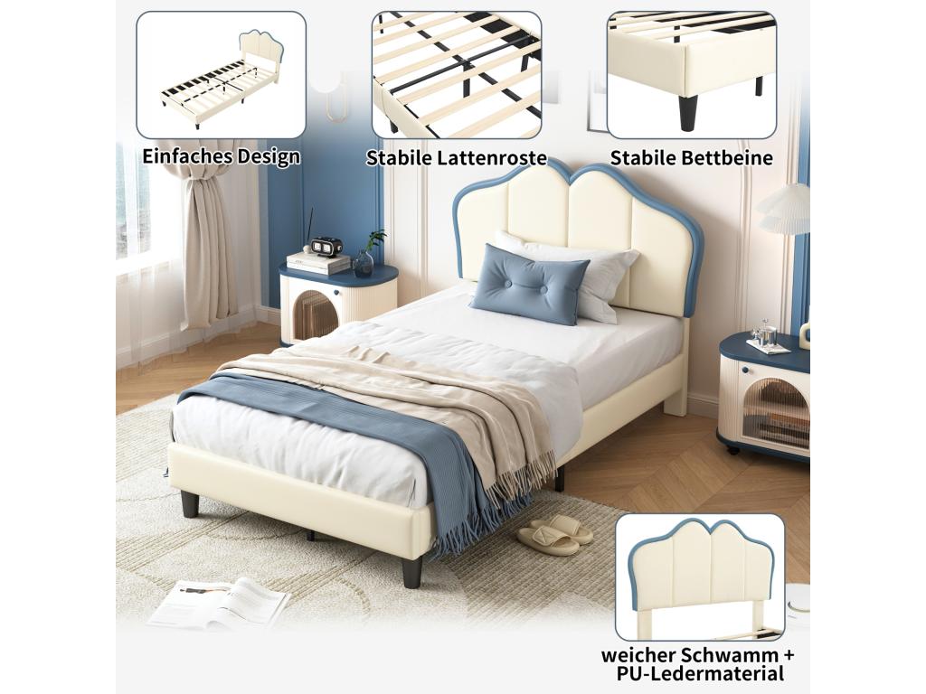 Upholstered bed/Child's bed/Single bed/Teen bed 90x200cm with headboard by Lumenao, stable legs, PU white/blue XYIV58801