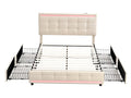 Upholstered bed 140x200 cm with headboard and 2 drawers - linen fabric - LEDs and USB port - beige color QMXE15062