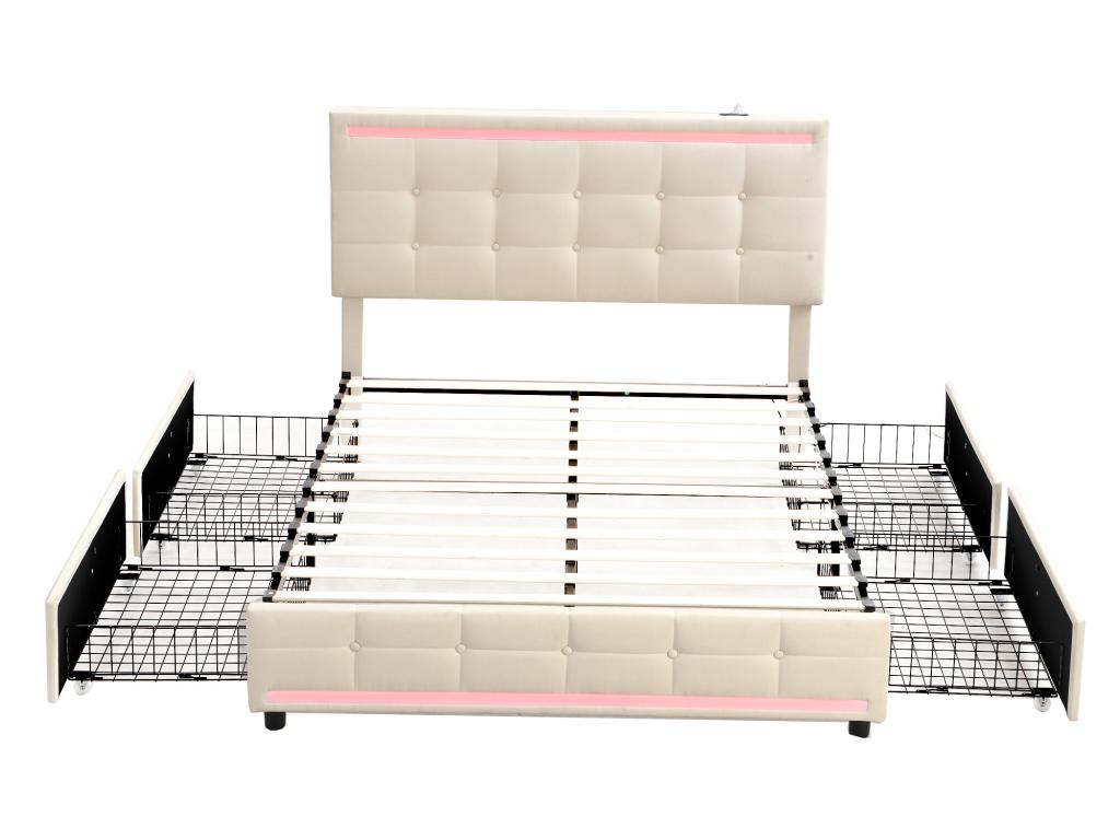 Upholstered bed 140x200 cm with headboard and 2 drawers - linen fabric - LEDs and USB port - beige color QMXE15062