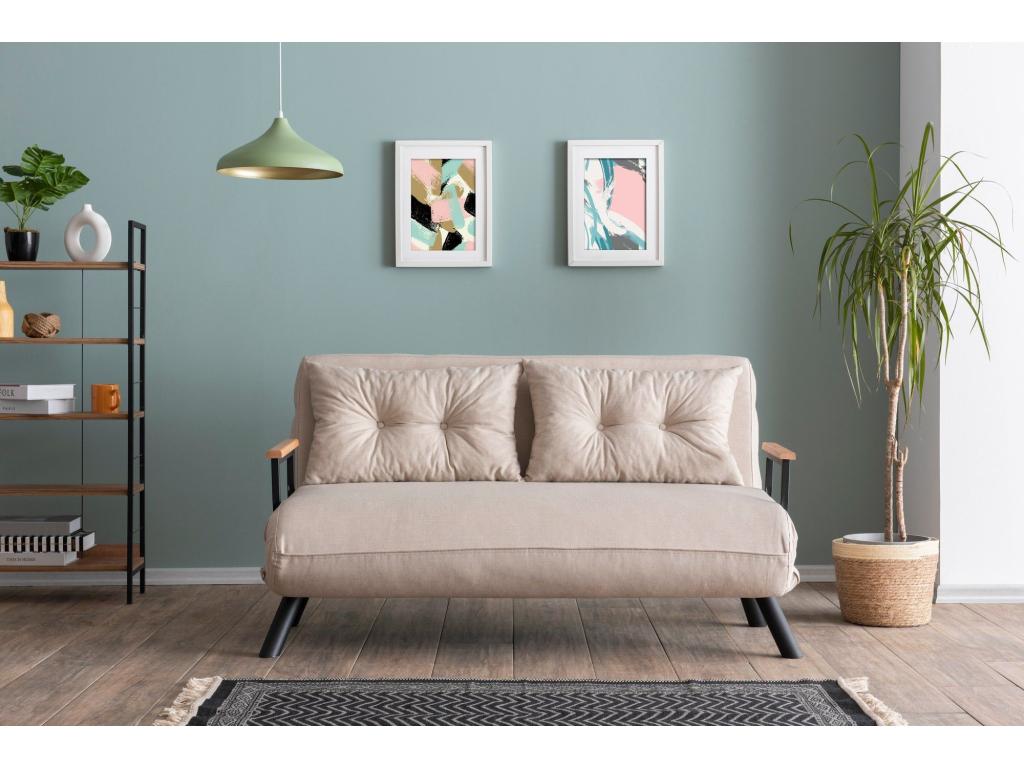 Lumenao 2-seater convertible sofa, black metal and cream white linen, UCXY03526