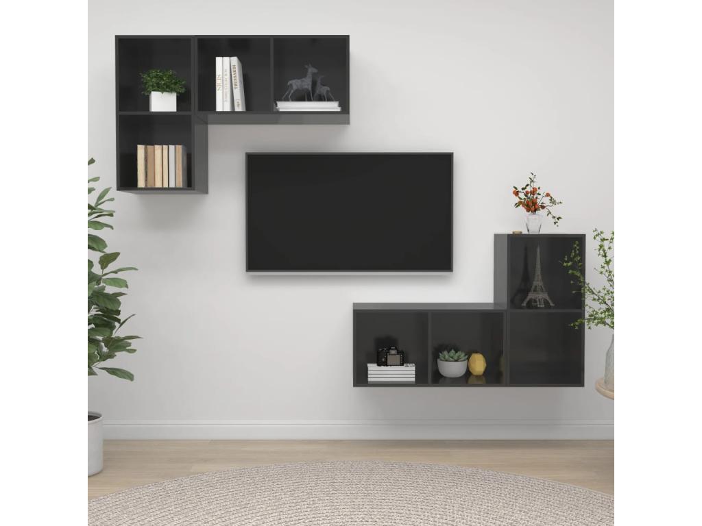 4-piece wall-mounted TV unit, glossy grey engineered wood, MYBG41123