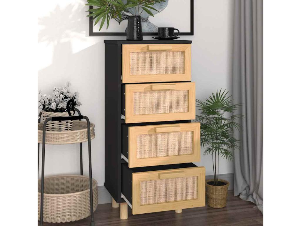 Black sideboard 40x30x90 cm Solid pine wood and natural rattan DQFT07000