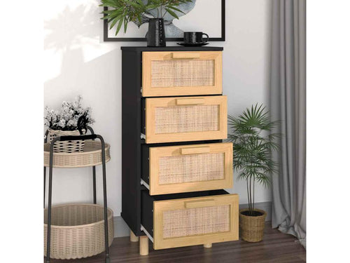 Black sideboard 40x30x90 cm Solid pine wood and natural rattan DQFT07000