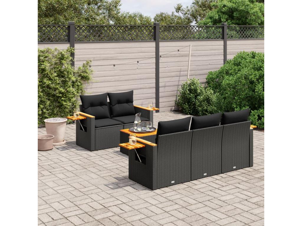 6-piece garden furniture set with cushions, black woven resin XRRR96561