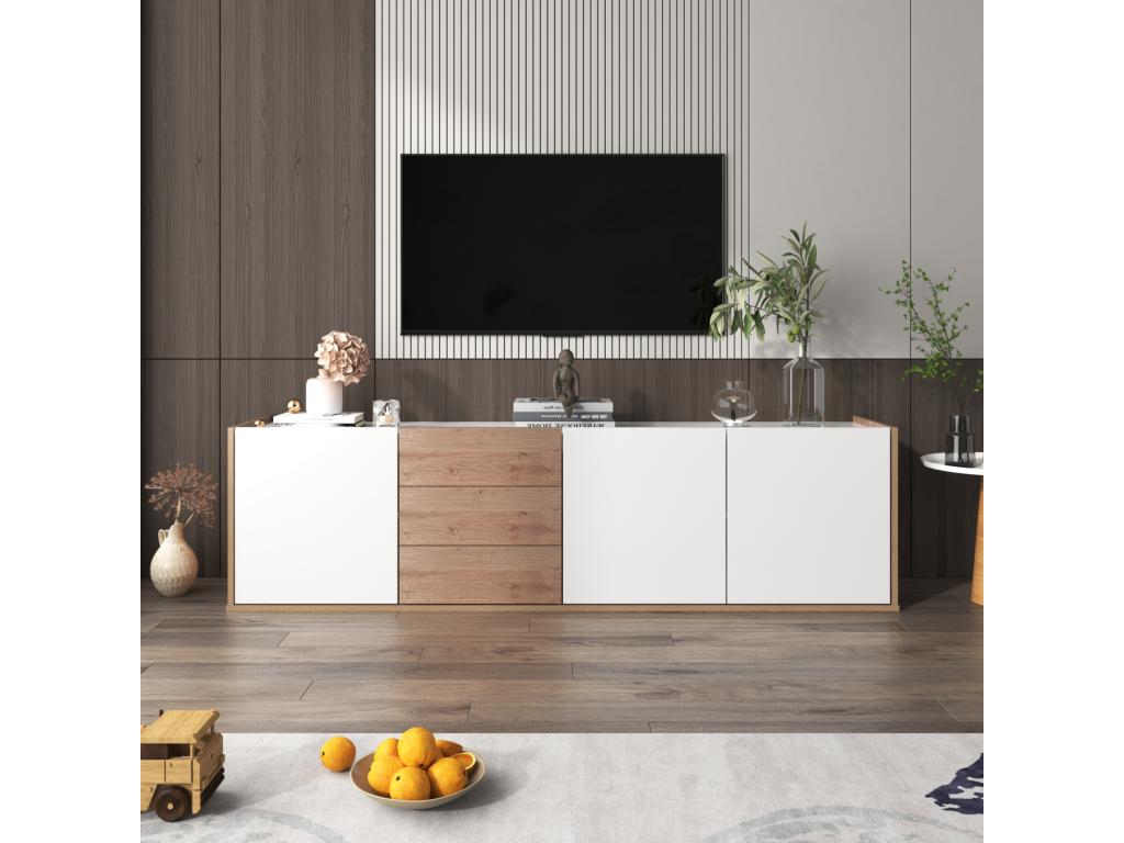 Ventoriq TDYX93244 White and Wood TV Unit with 3 Doors and 3 Drawers, Wall or Floor Mounted