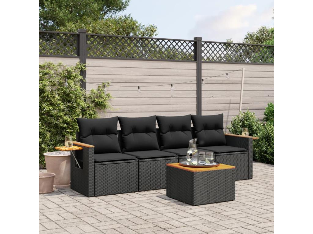5-piece garden furniture set with cushions, black woven resin DFFI66701
