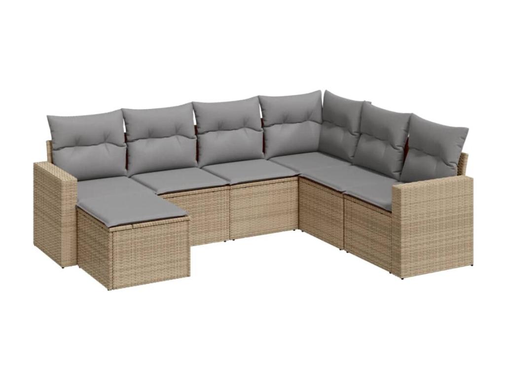 7-piece garden furniture set with cushions, beige woven resin BUIJ93806