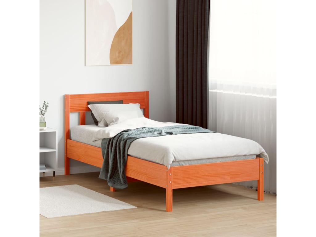 Bed frame with brown wax headboard, 90x200 cm, pine wood, JZDS98102
