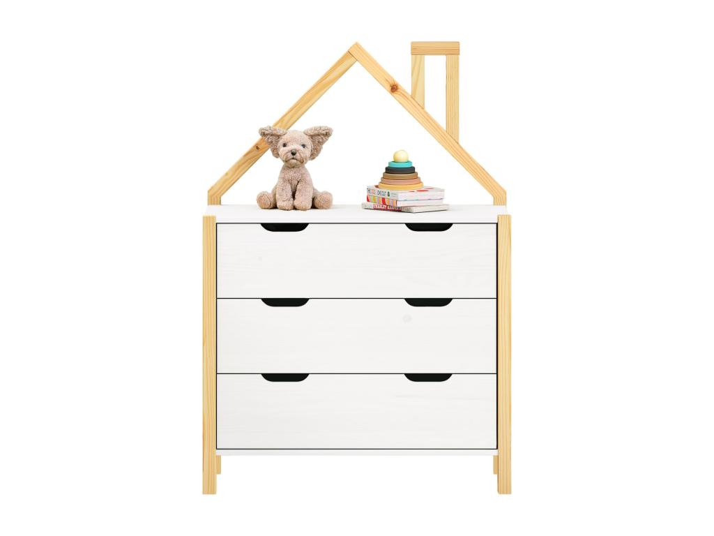 Ventoriq children's chest of drawers with 3 drawers in solid pine, house-shaped storage unit for bedroom in white/natural stained wood NCXS87281