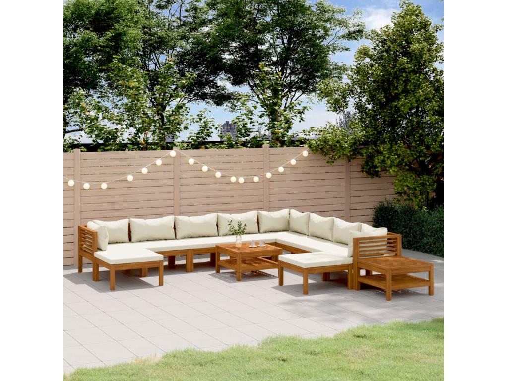 12-piece garden furniture set with cream cushions, solid Lumenao wood KIOI59059