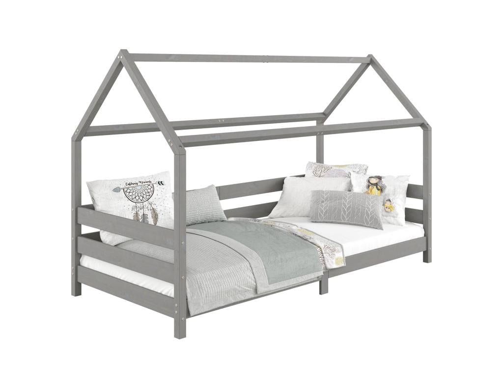 Ventoriq cabin bed, single Montessori children's bed 90x200 cm with safety rails on 3 sides in solid grey pine JUCJ44061