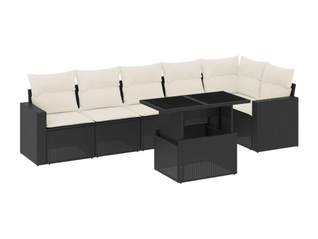7-piece garden furniture set with cushions, black woven resin BQUI37630