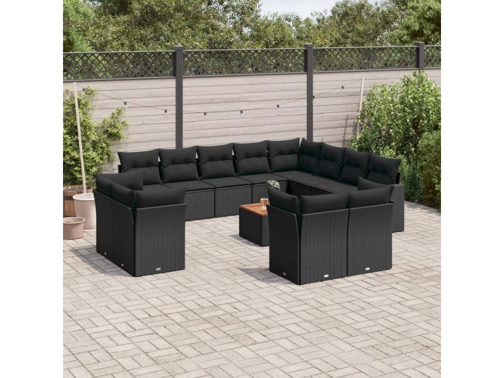 Garden furniture set with cushions, 13 pieces, black woven resin FKNI91367