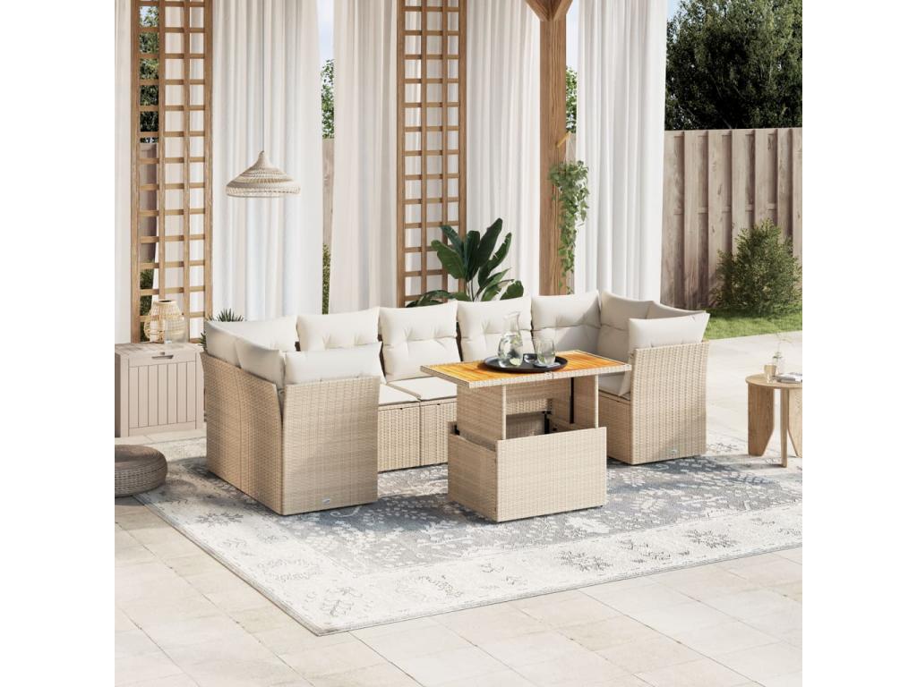 8-piece garden furniture set with cushions, beige woven resin NIHQ09594