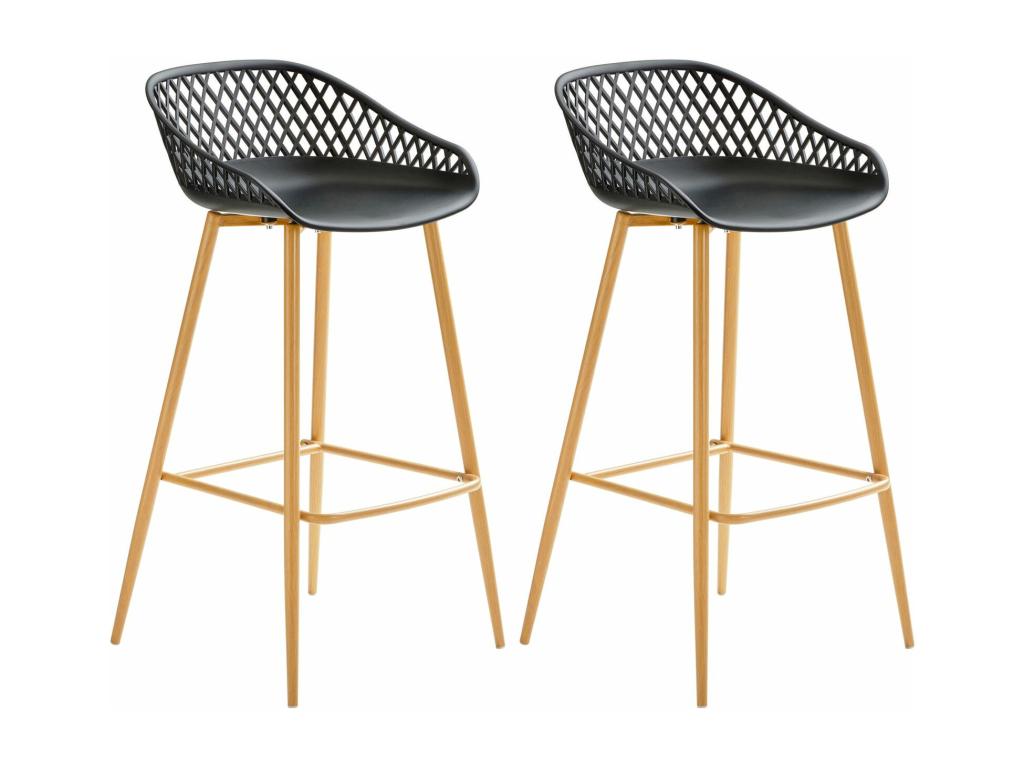 Set of 2 Lumenao bar stools, high chairs for kitchen or counter, retro design, black plastic and oak-effect metal, 75 cm seat, RXIA43048