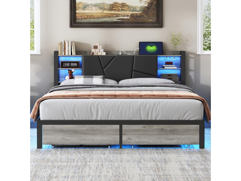 160x200 cm bed with USB and 2 drawers, PU upholstered headboard, metal and wood frame, double bed with LED lighting (mattress not included) QPCS03803