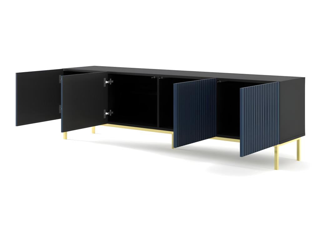 TV stand/Hi-Fi cabinet on legs, Black/Navy Blue, 200x42x58cm, RAVI F PEINT, Gold Framed Legs QGJD12715