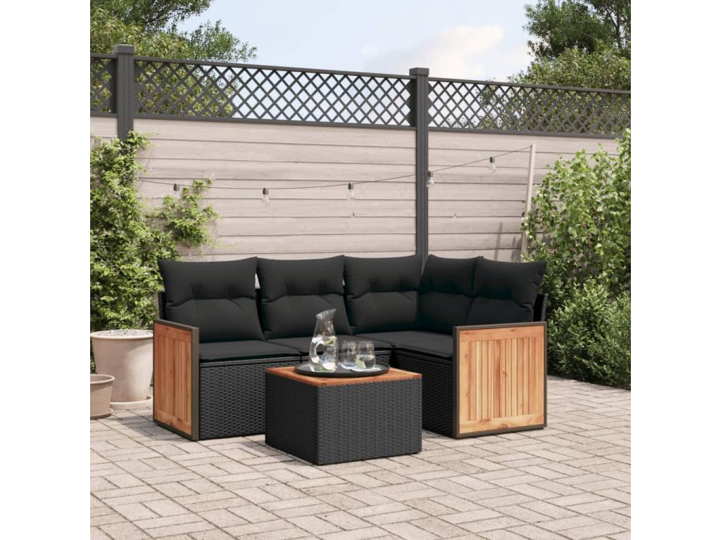 5-piece garden furniture set with cushions, black woven resin RZAR96926